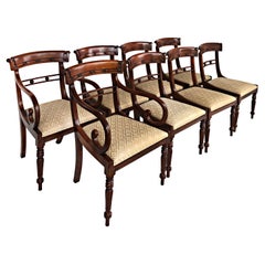 Set of 8 British Colonial Dining Chairs with Scrolled Arms and Upholstered Seats
