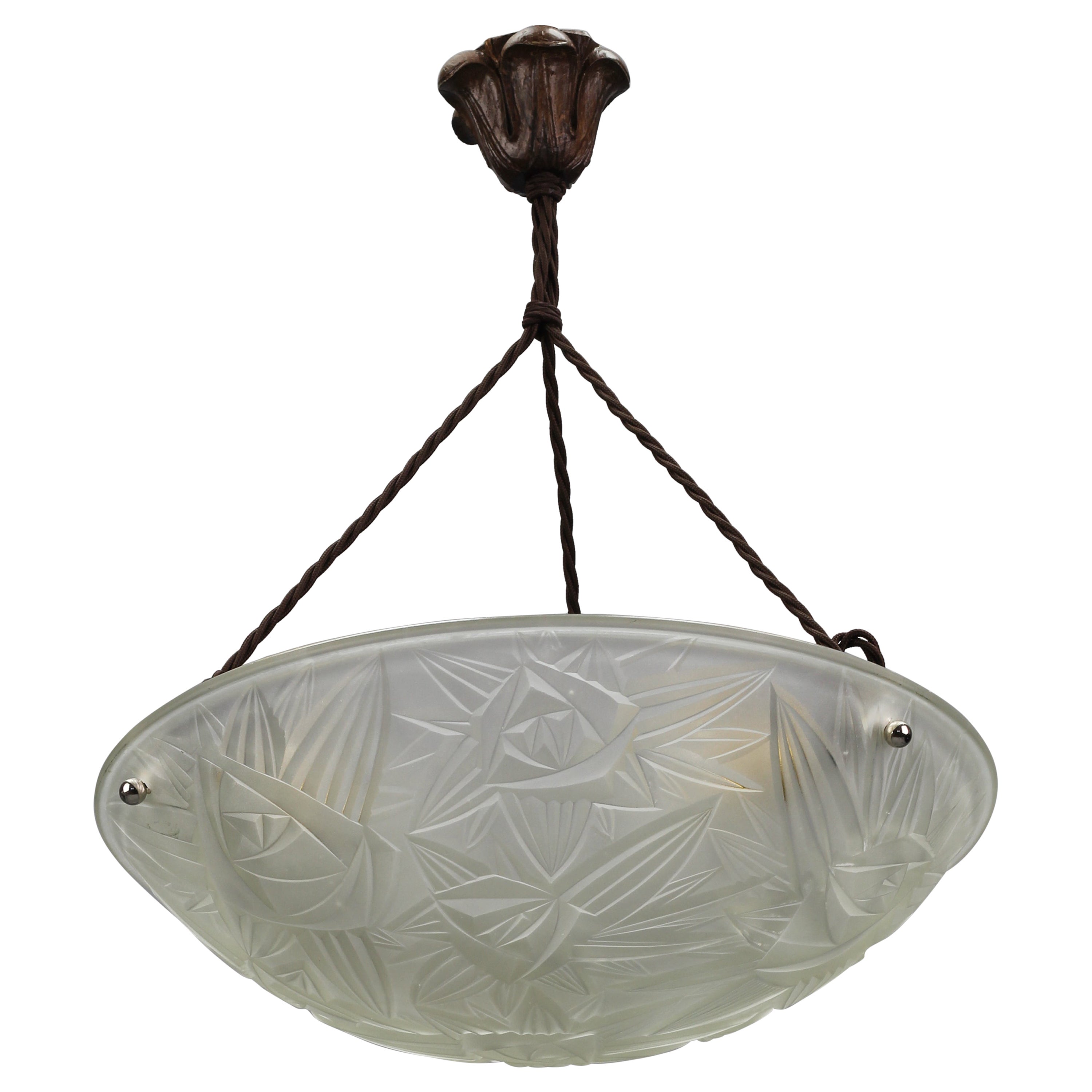 French Art Deco White Frosted Glass Pendant Light by Noverdy, 1930s