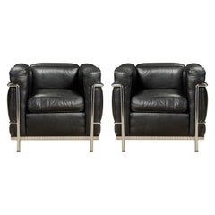 Early Year 'LC2' Black Leather Club Chairs by Le Corbusier for Cassina, Signed
