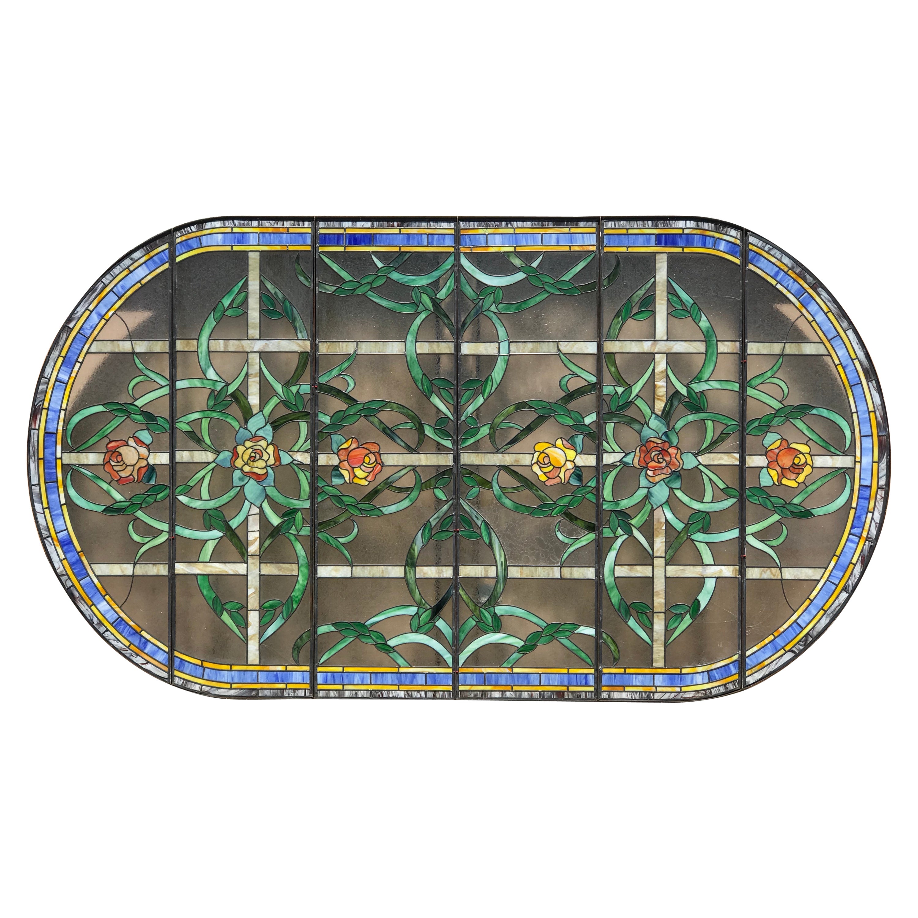 Massive Architectural 1970’s Six Panel Stained Glass Oval Window / Drop Ceiling For Sale