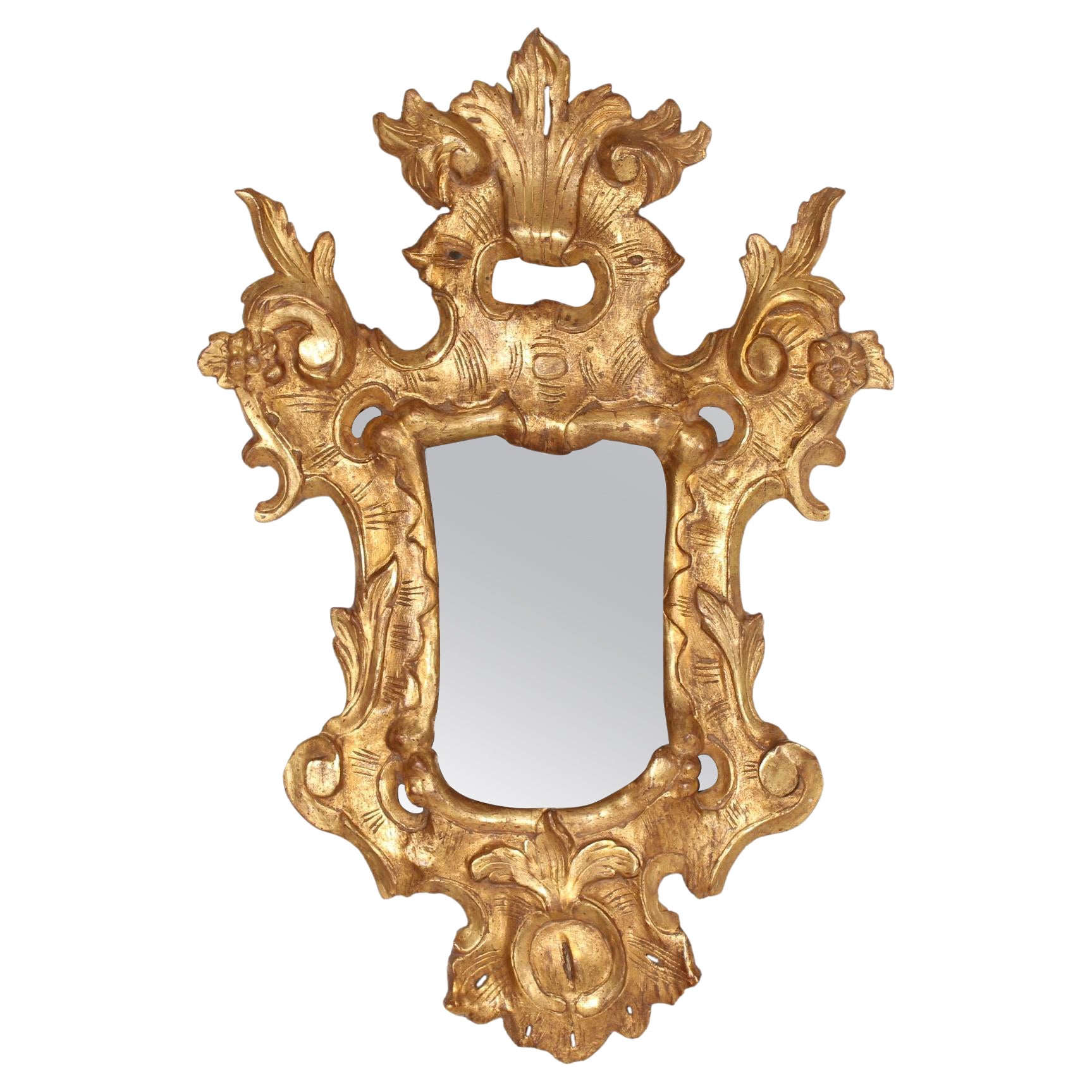 Europäischer europäischer Rokoko-Spiegel aus vergoldetem Holz mit durchbrochenen Verzierungen + altes Spiegelglas 1800er Jahre