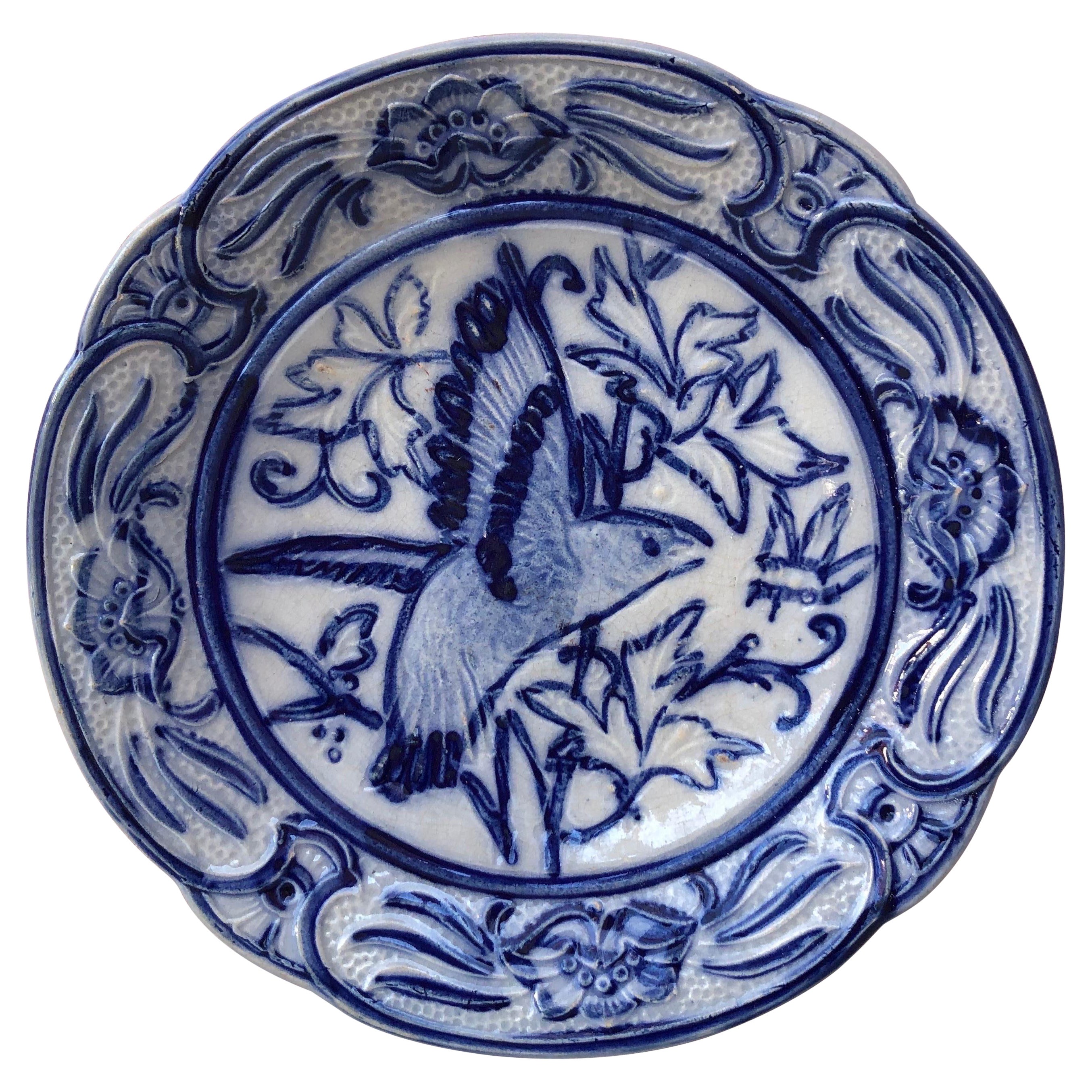 19th Century Blue & White Majolica Bird Plate Wasmuel