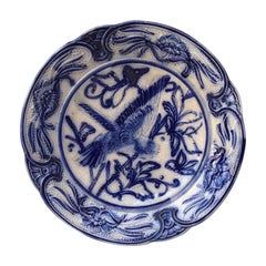 19th Century Blue & White Majolica Bird Plate Wasmuel