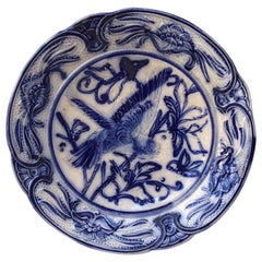 19th Century Blue & White Majolica Bird Plate Wasmuel