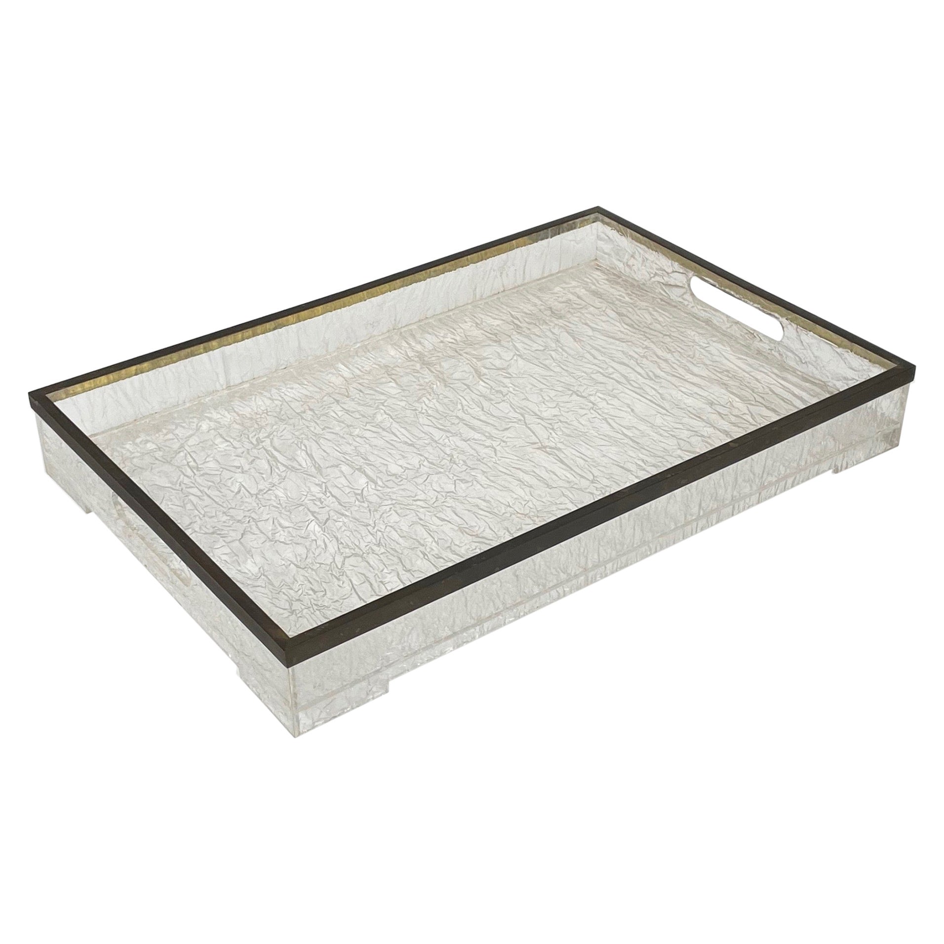 Willy Rizzo Style Serving Tray in Ice Effect Lucite and Brass, Italy, 1970s For Sale