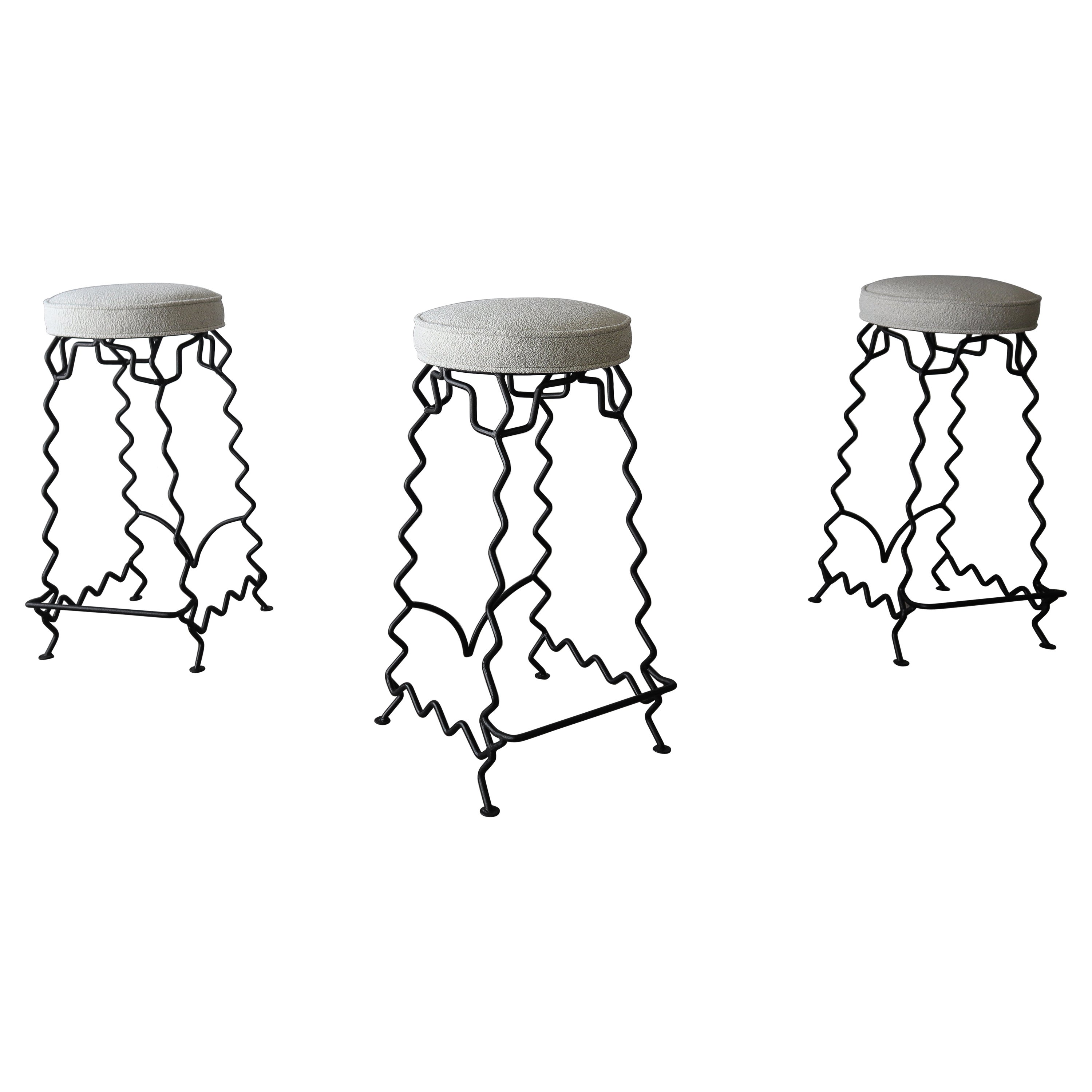 1960s Iron and Boucle Squiggle Bar Stools