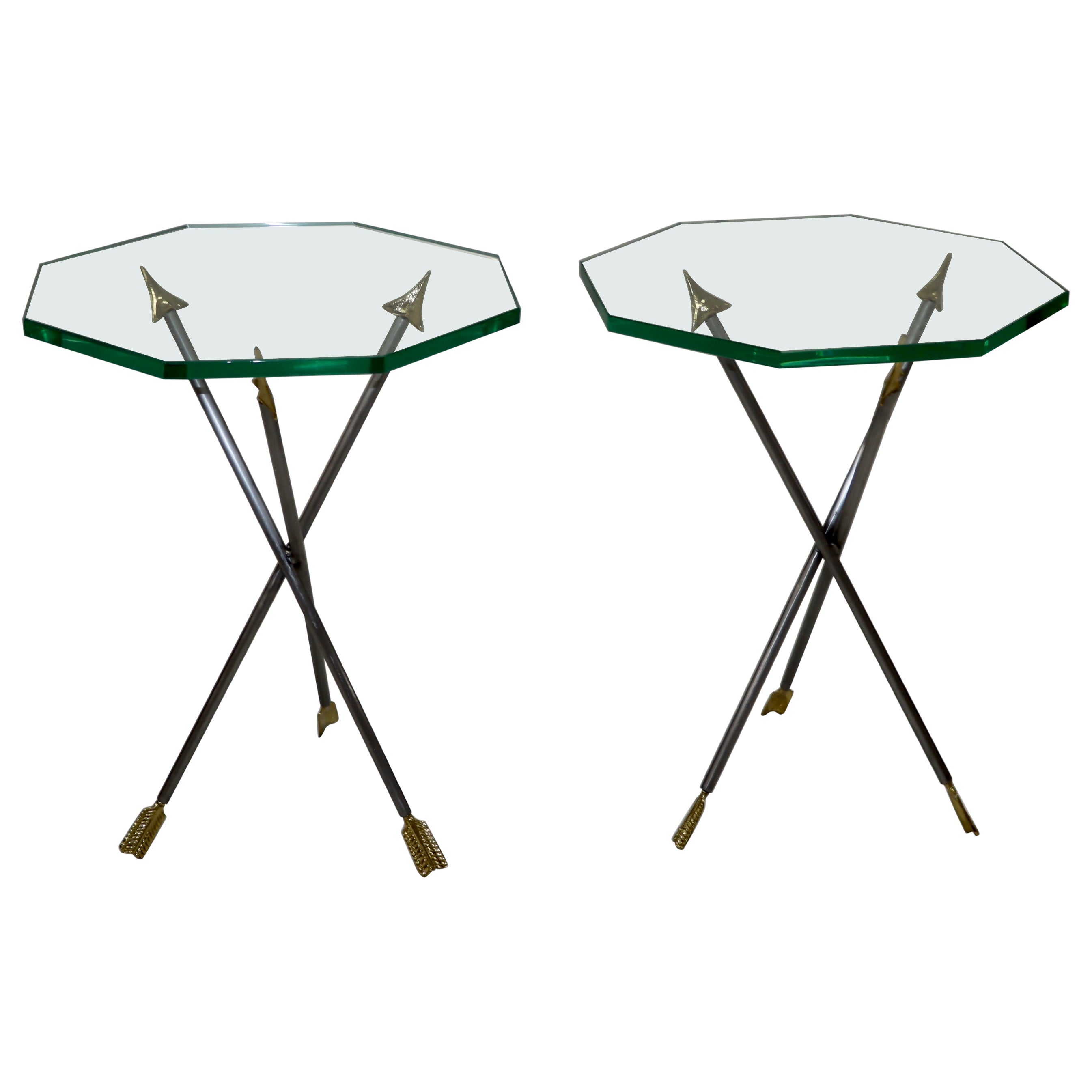 1970's Italian Arrow Side Tables Octagonal Glass Tops