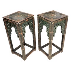 Pair of Mid-Century Era Chinese Lacquered Incense Stands with Floral Decoration