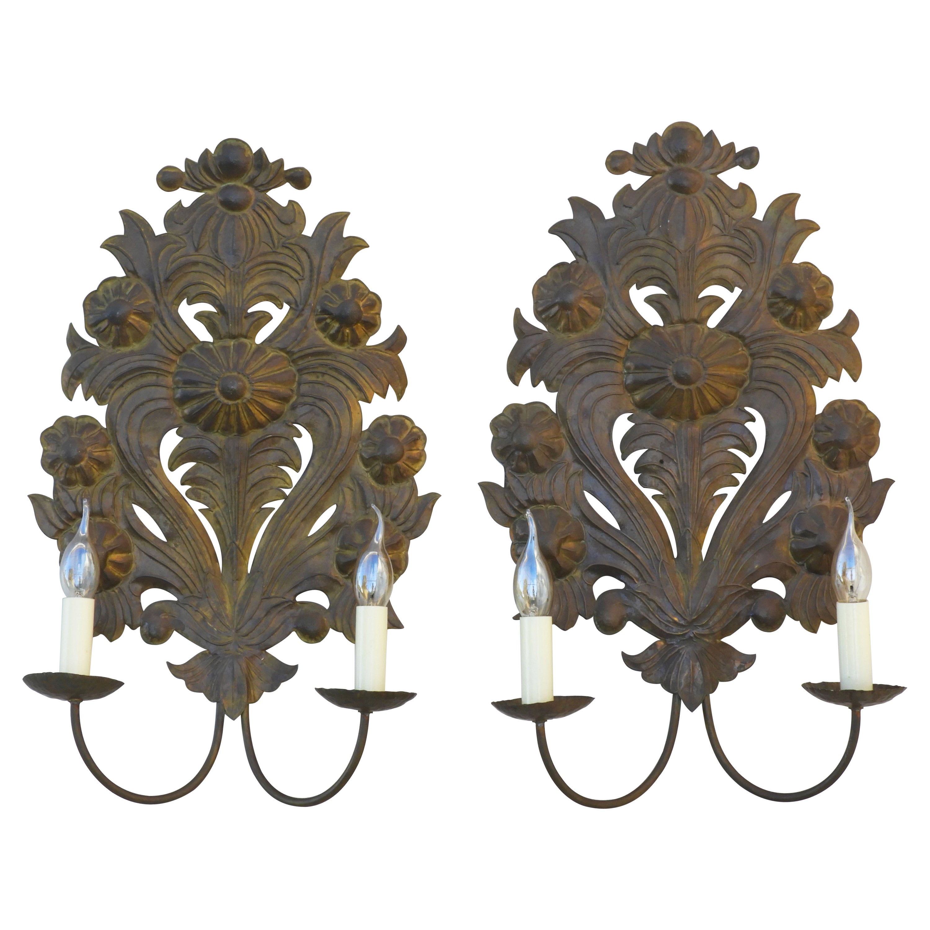 Pair of Large French Floral Wall Light Sconces Tôle Repoussé C1900 FREE SHIPPING
