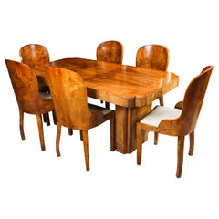 Antique Art Deco Burr Walnut Dining Table & 6 Cloud Back Chairs 20th C