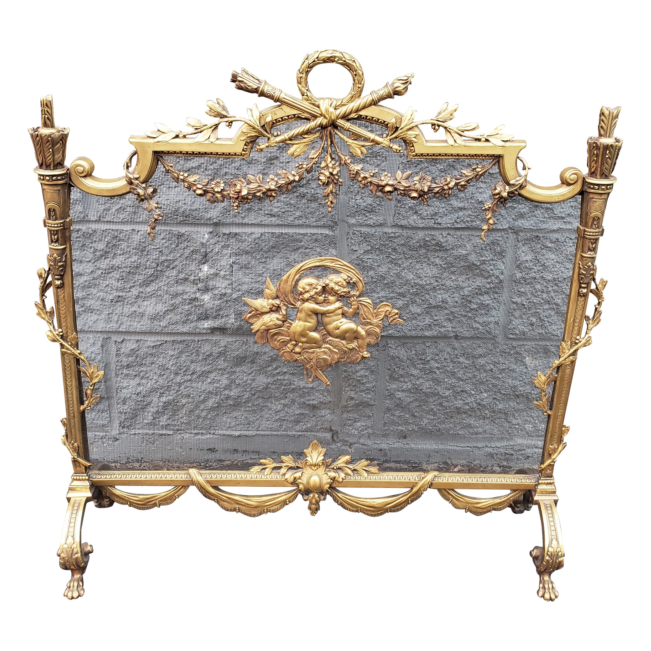French Louis Philippe Gilt Bronze Ornate and Cherubs Fireplace Screen, C 1800s For Sale