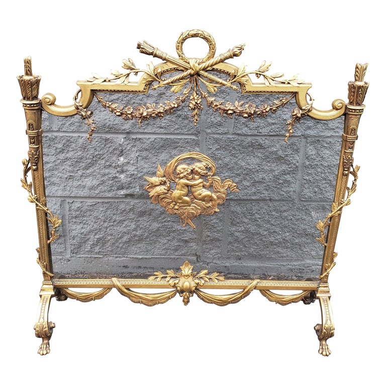 French Louis Philippe Gilt Bronze Ornate and Cherubs Fireplace Screen