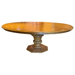 Large European Style Fruitwood Round Pedestal Dining Table with Two Leaves