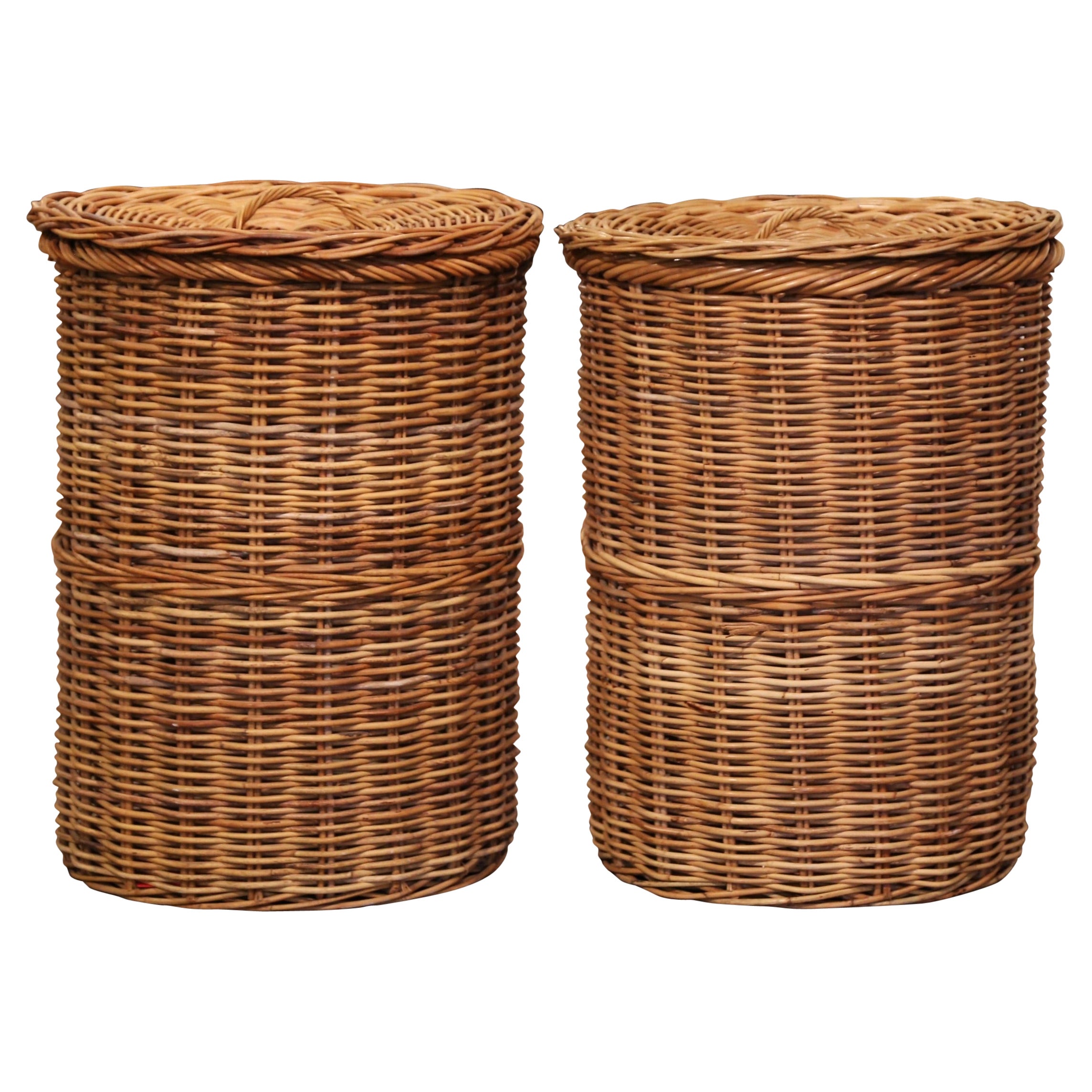 Pair of Mid-Century French Handwoven Wicker Baskets with Lids