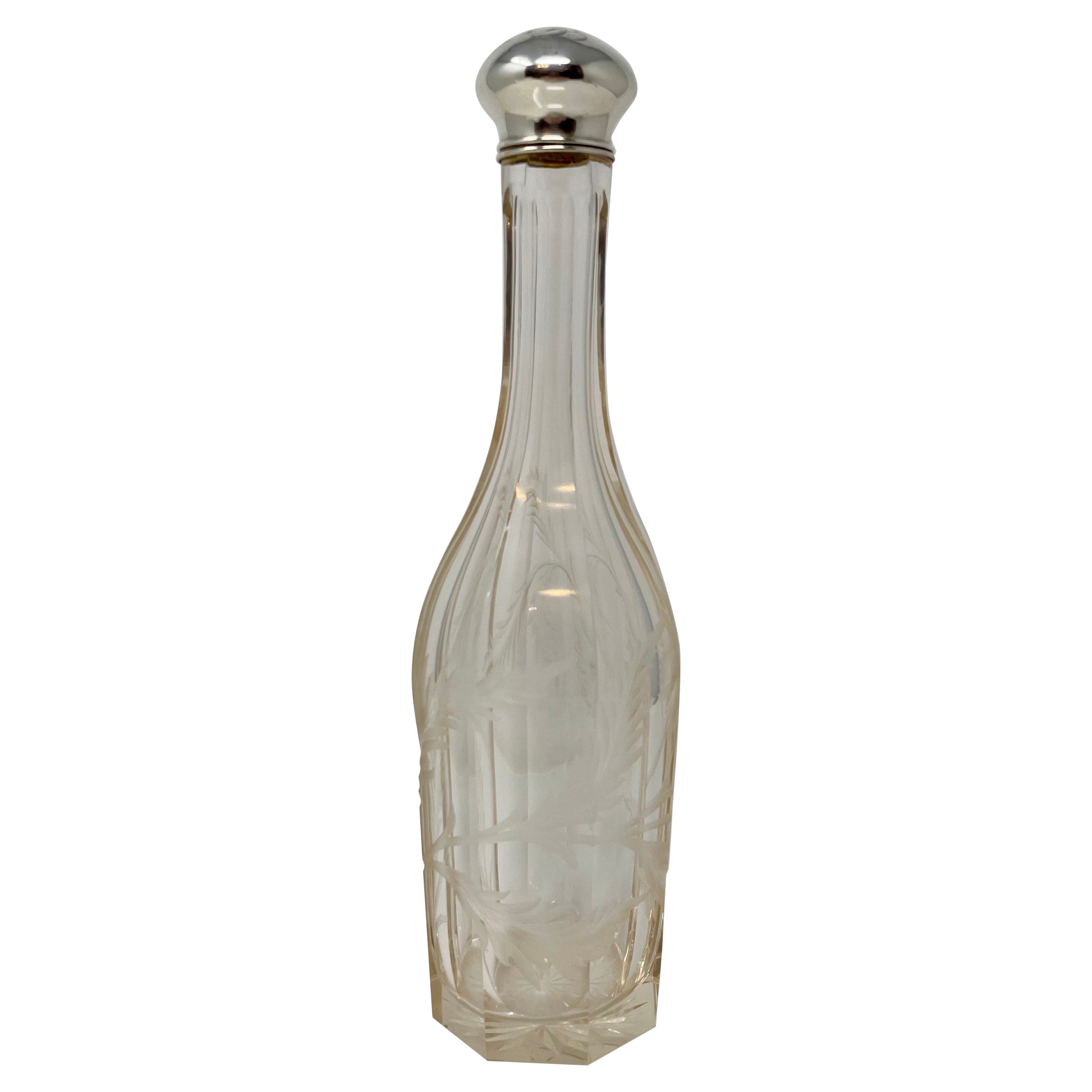 Antique American Cut Crystal Decanter with Sterling Silver Cap & Collar, c. 1900 For Sale