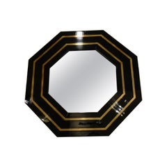 Vintage Black Lacquered Mirror and Brass by Jean Claude Mahey 1970s, France