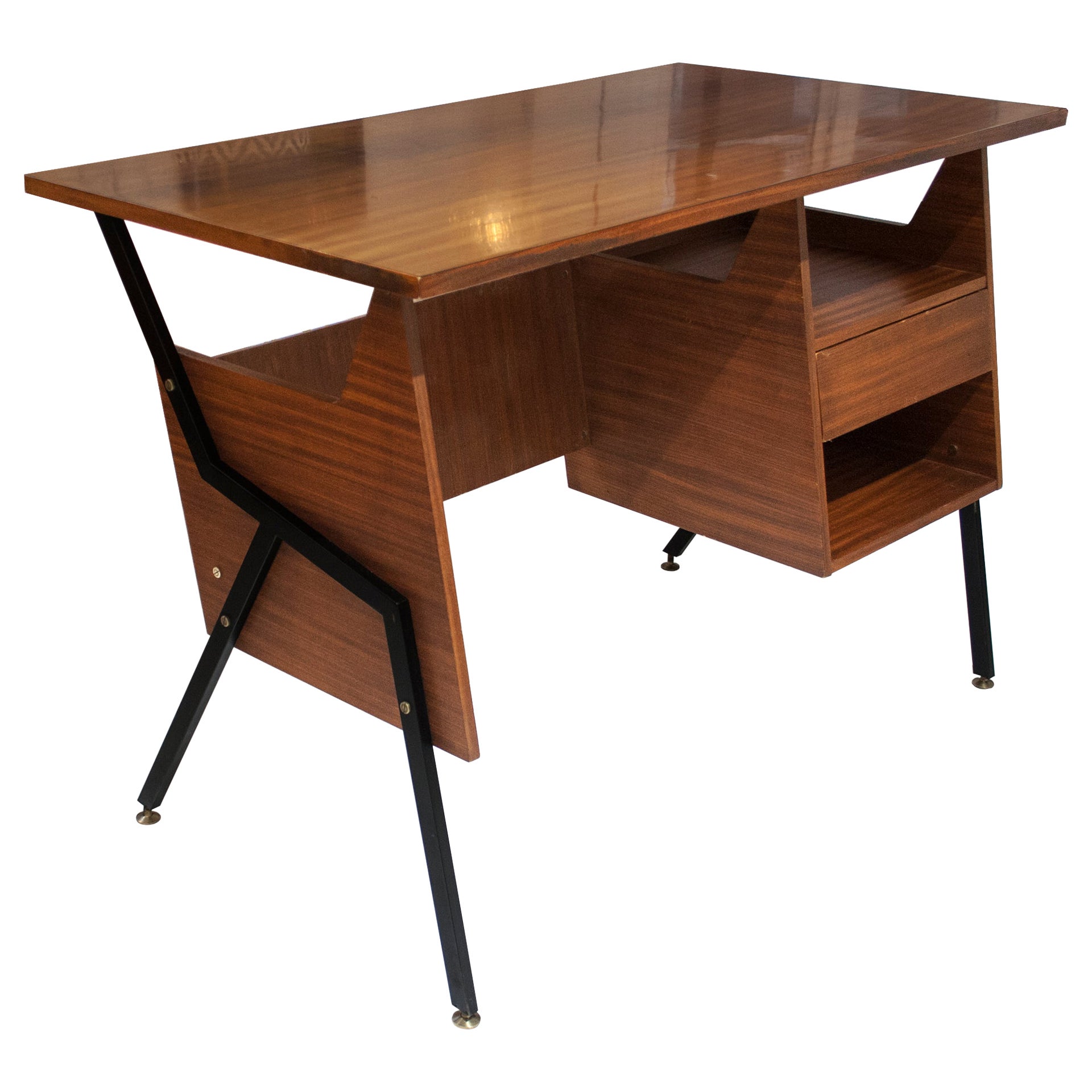 Mid-Century Modern Italian Teak Desk with Lacquered Brass Structure, Italy, 1950 For Sale