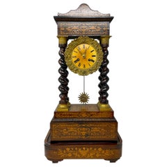 Antique French Charles X Gold Bronze & Satinwood Inlaid Portico Clock Circa 1880