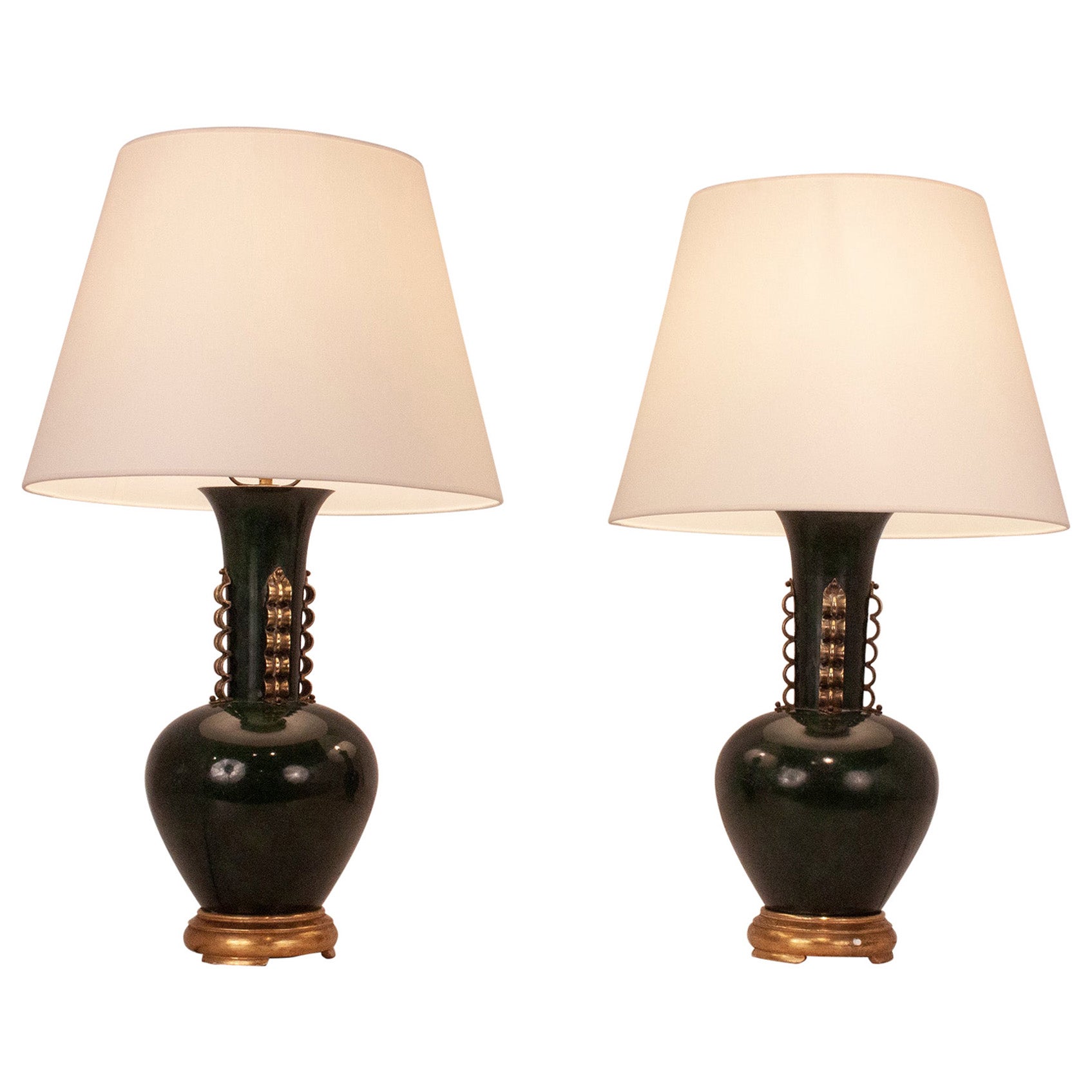 Large Pair of Italian Table Lamps, in the Manner of Gio Ponti, Metal and Brass