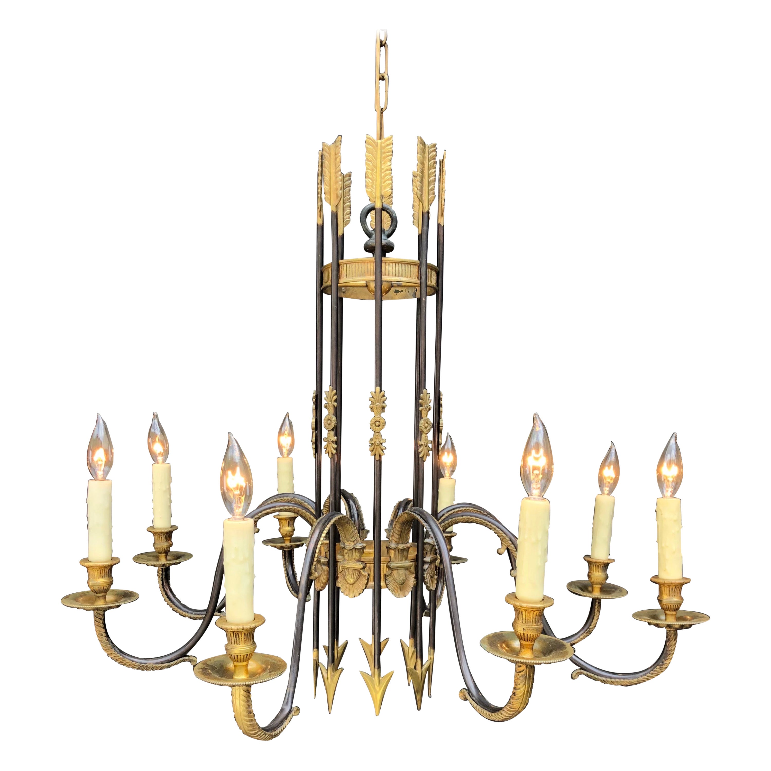 French Directoire Style Gilt and Patina Bronze Chandelier W/ Arrows, Early 20th For Sale