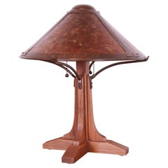 Vintage Stickley Style Arts & Crafts Oak and Copper Table Lamp by Warren Hile Studio