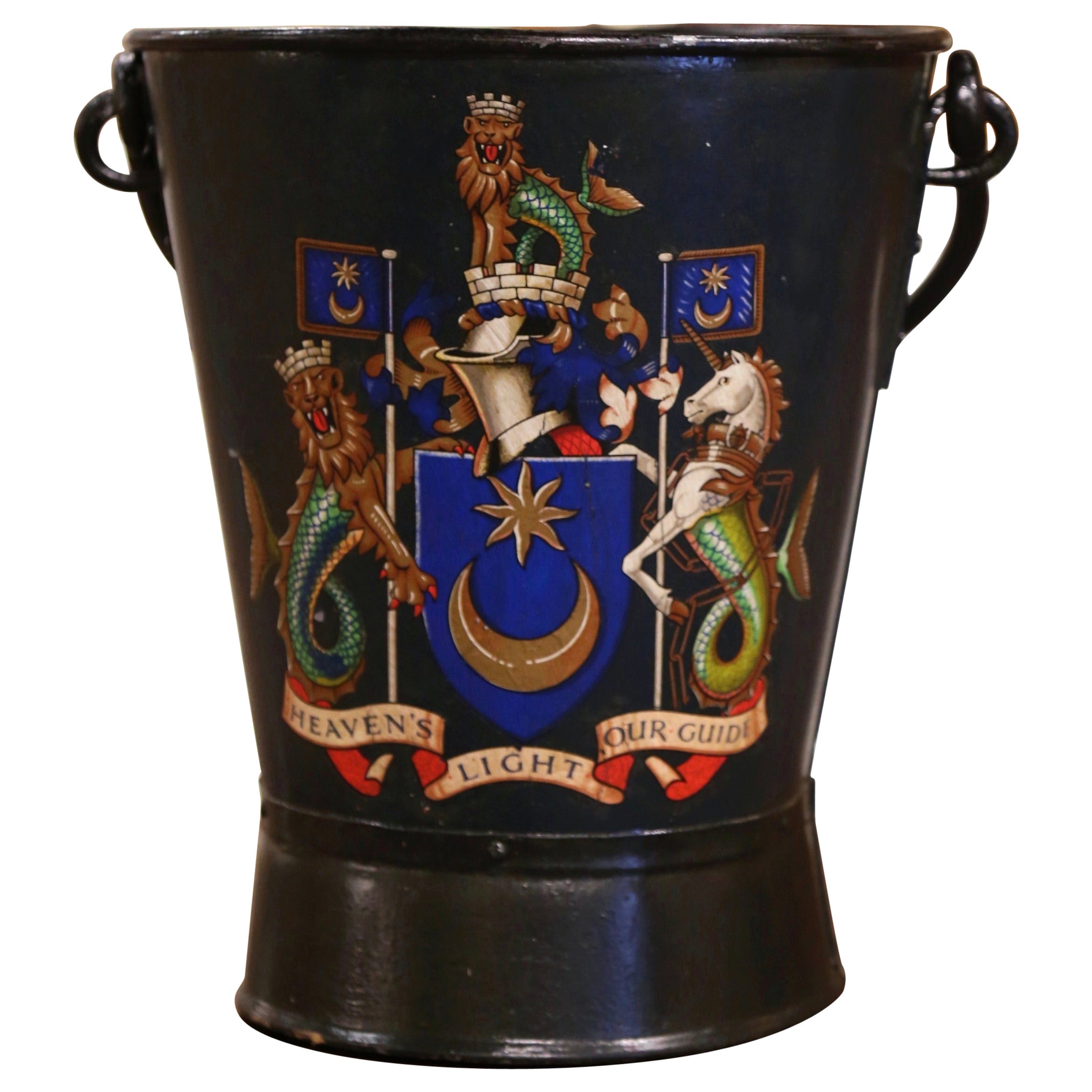 19th Century English Hand-Painted Blue Iron Coal Bucket with Coat of Arms Decor