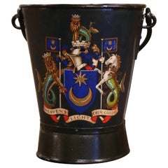 19th Century English Hand-Painted Blue Iron Coal Bucket with Coat of Arms Decor