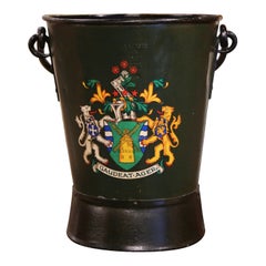 19th Century English Hand-Painted Green Iron Coal Bucket with Coat of Arms Decor