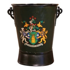 Antique 19th Century English Hand-Painted Green Iron Coal Bucket with Coat of Arms Decor