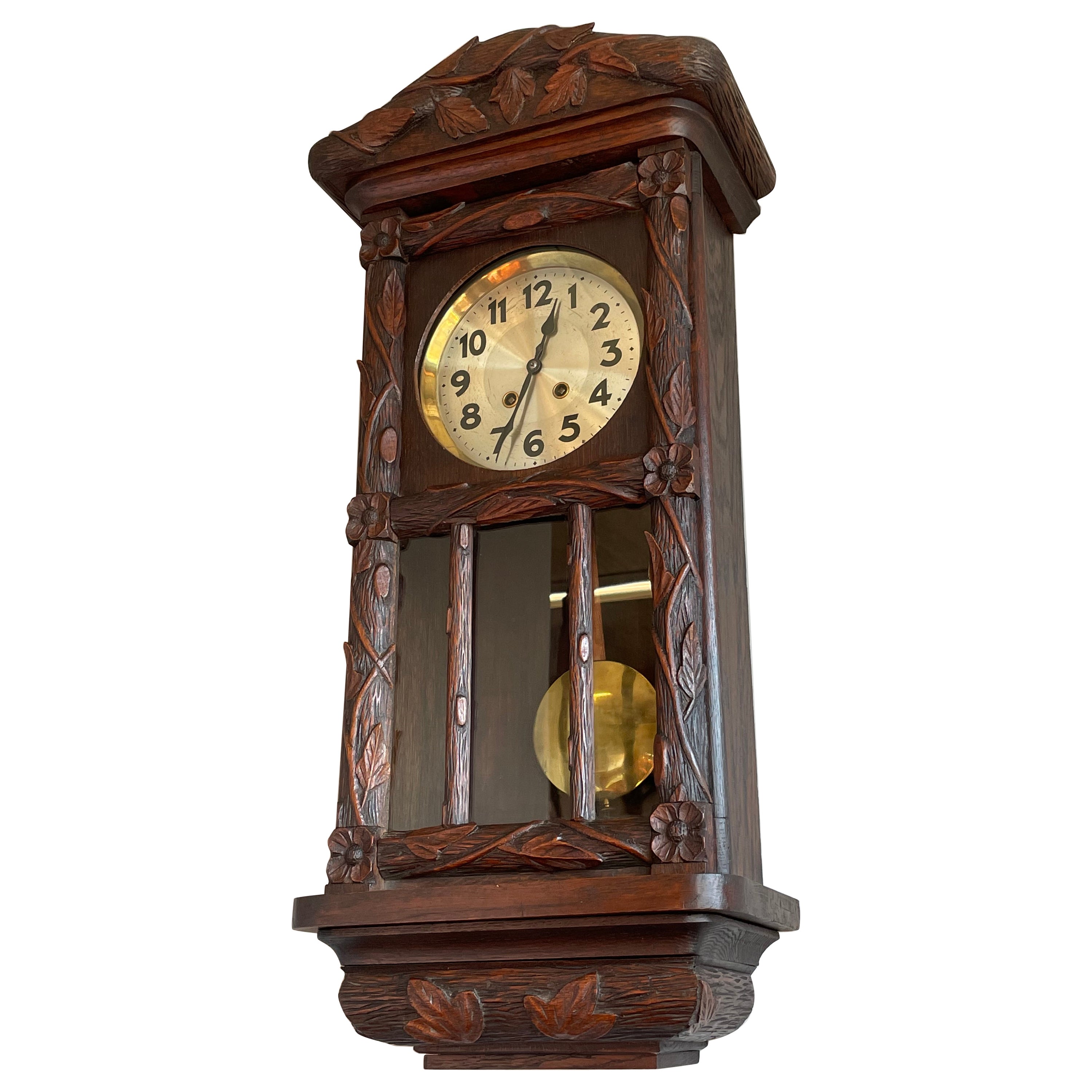 Sizable Antique & Hand-Carved Black Forest Wooden Wall Clock w. Brass Pendulum