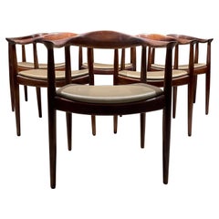 1960s Style Hans Wegner Set of Six Dining Chairs Round Teakwood Cream Leather 