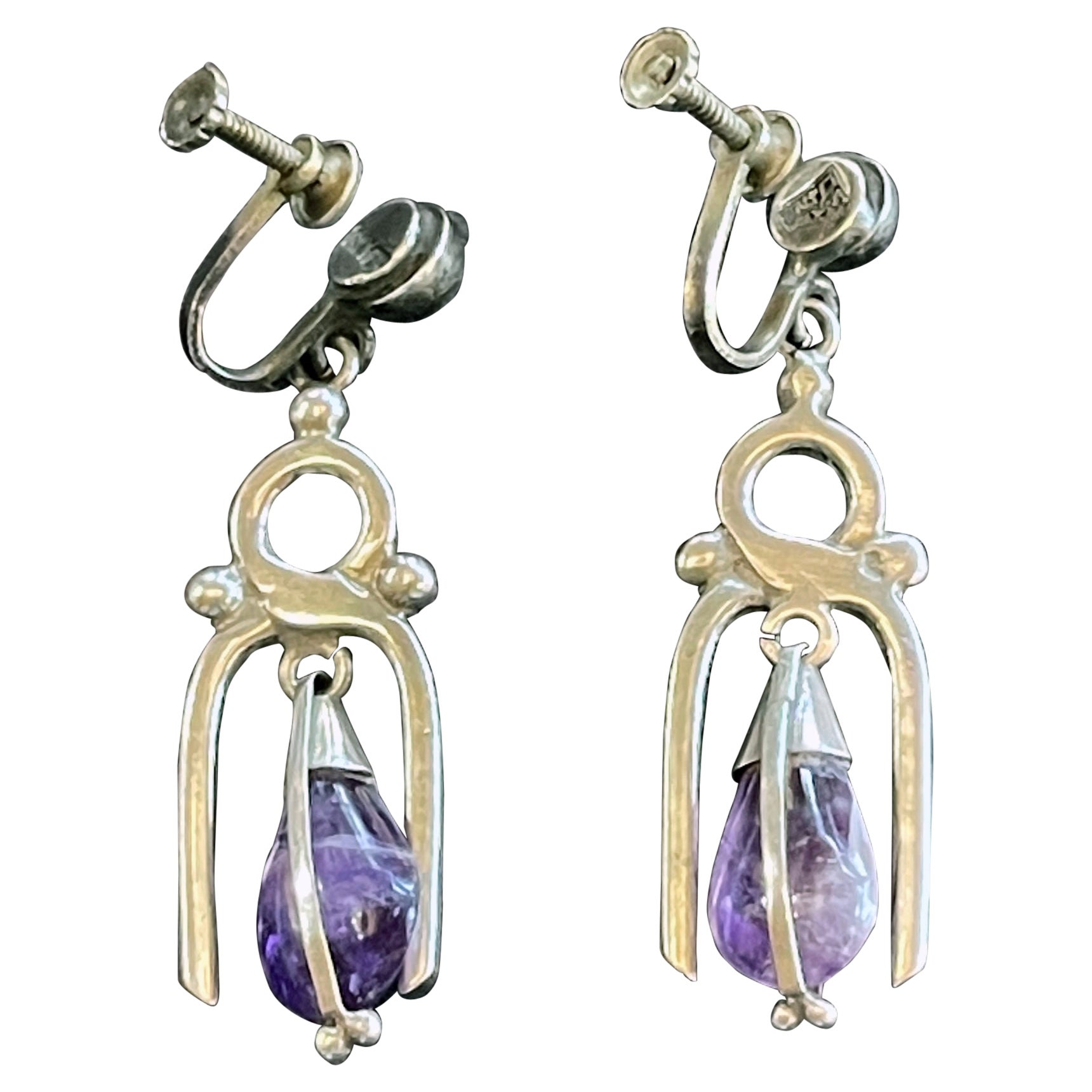 Mexican Modern Silver and Amethyst Earrings Antonio Pineda  For Sale