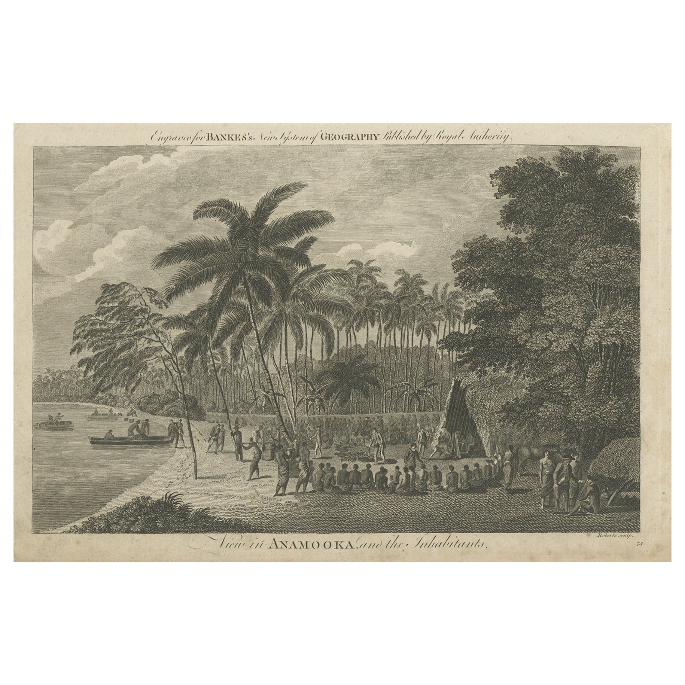 Impression ancienne du marché d'Anamooka, îles Tonga, vers 1790 en vente
