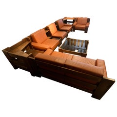 Vintage Big Sofa Set and Low Table in Solid Oak and Leather Style Pierre Chapo