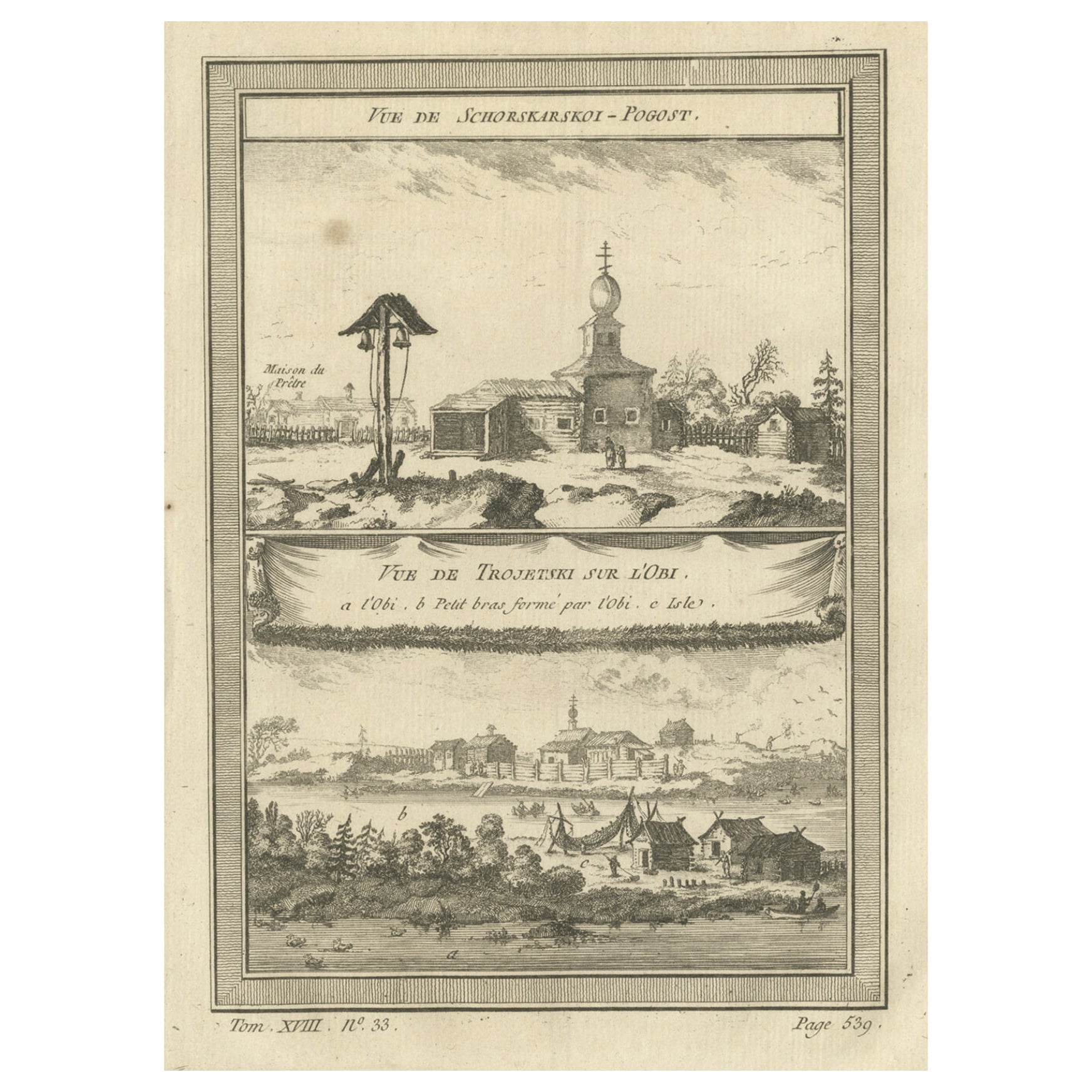 Impression ancienne de la rivière Ob et des villages en Sibérie, Russie, 1768