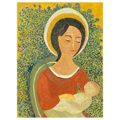 1950's Modernist Signed Painting, Mother & Child Portrait