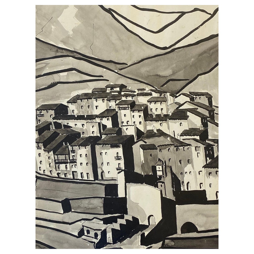 1950's Modernist Painting, Black & White Town Landscape For Sale