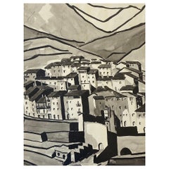 1950's Modernist Painting, Black & White Town Landscape
