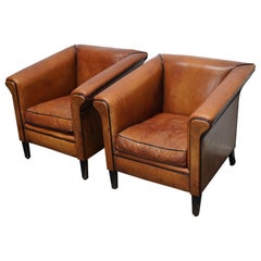 Vintage Dutch Cognac Leather Club Chairs Art Deco Style, Set of 2