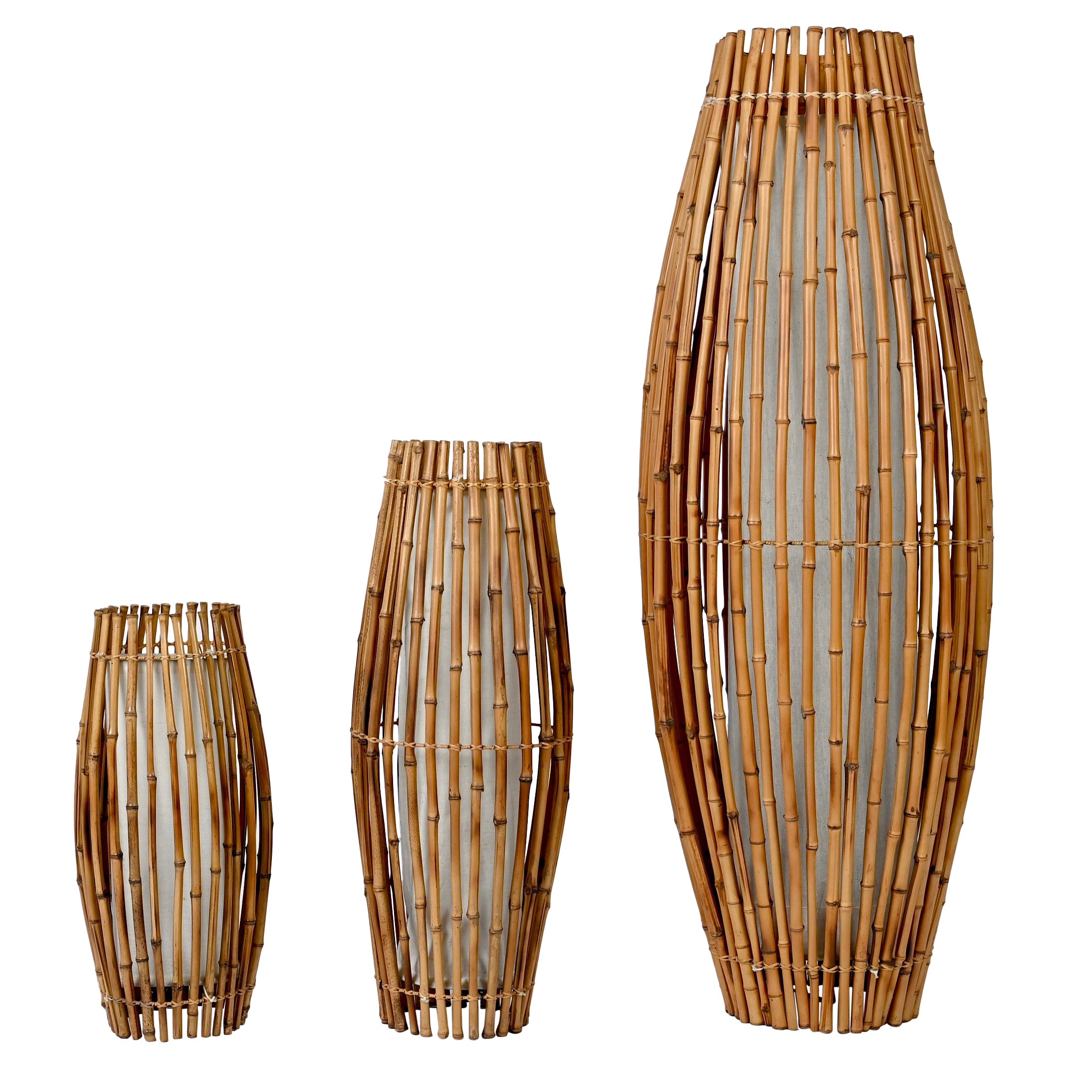 Set of Three Midcentury Bamboo and Rattan Italian Floor Lamp after Franco Albini