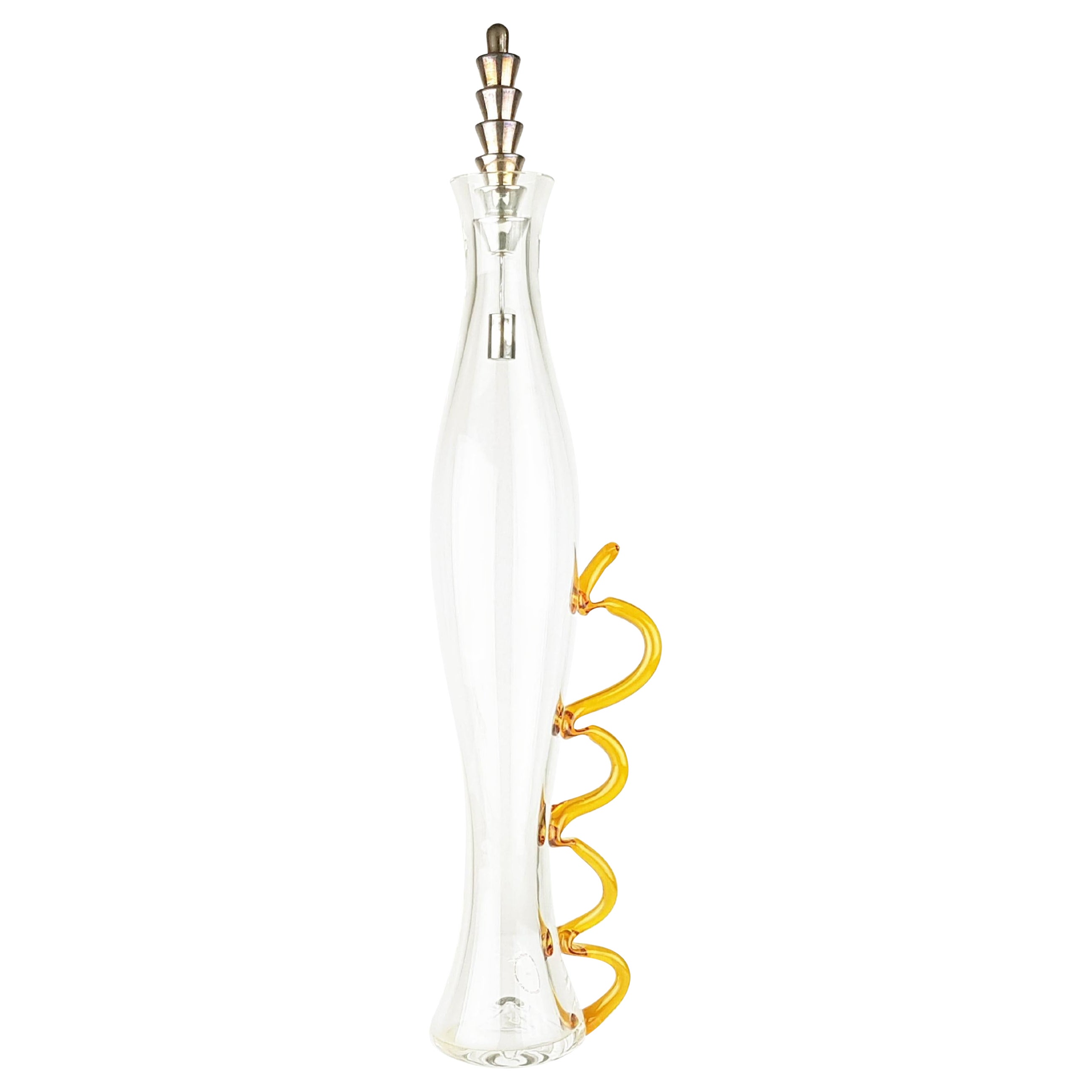 Bouteille en verre de Murano orange et transparent des années 1990 avec liège argenté