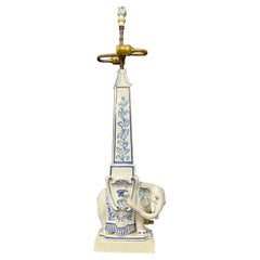 Vintage Italian Blue & White Elephant Obelisk Table Lamp