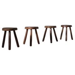 Retro Set of Four Elm Wooden Stools, France, 1960s