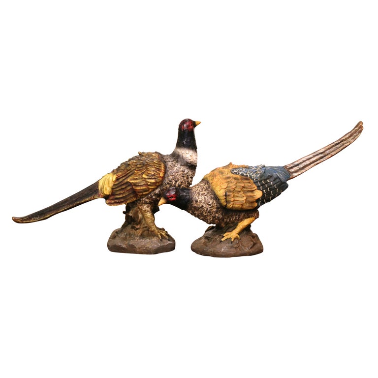 Pair of French Carved and Painted Decorative Pheasant Sculptures at 1stDibs