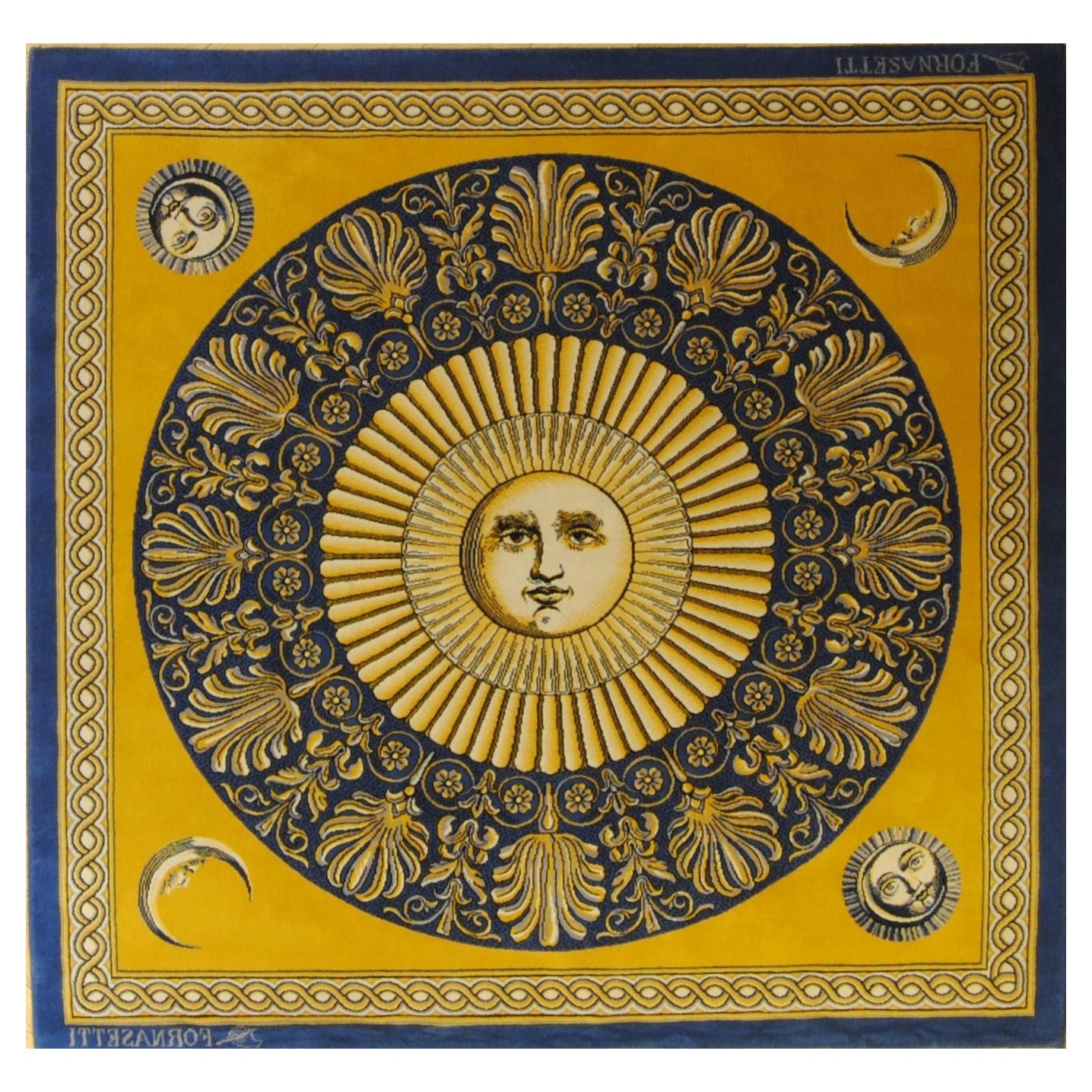 20th Century Piero Fornasetti Sun Moon Face Yellow Blue Rug, ca 1980