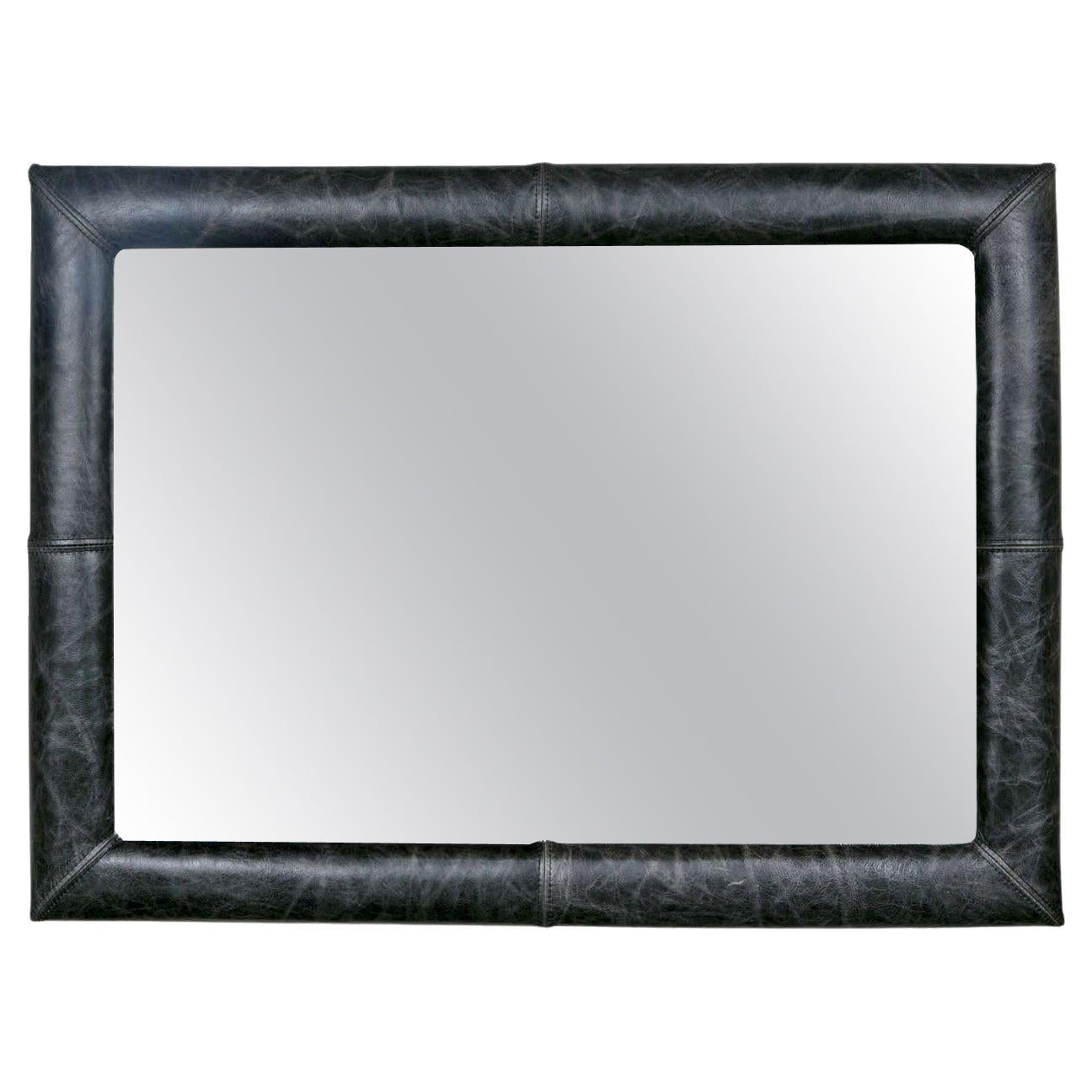 Mid-Century Wall Mirror Decorated Distressed Leather Upholstered Frame For Sale