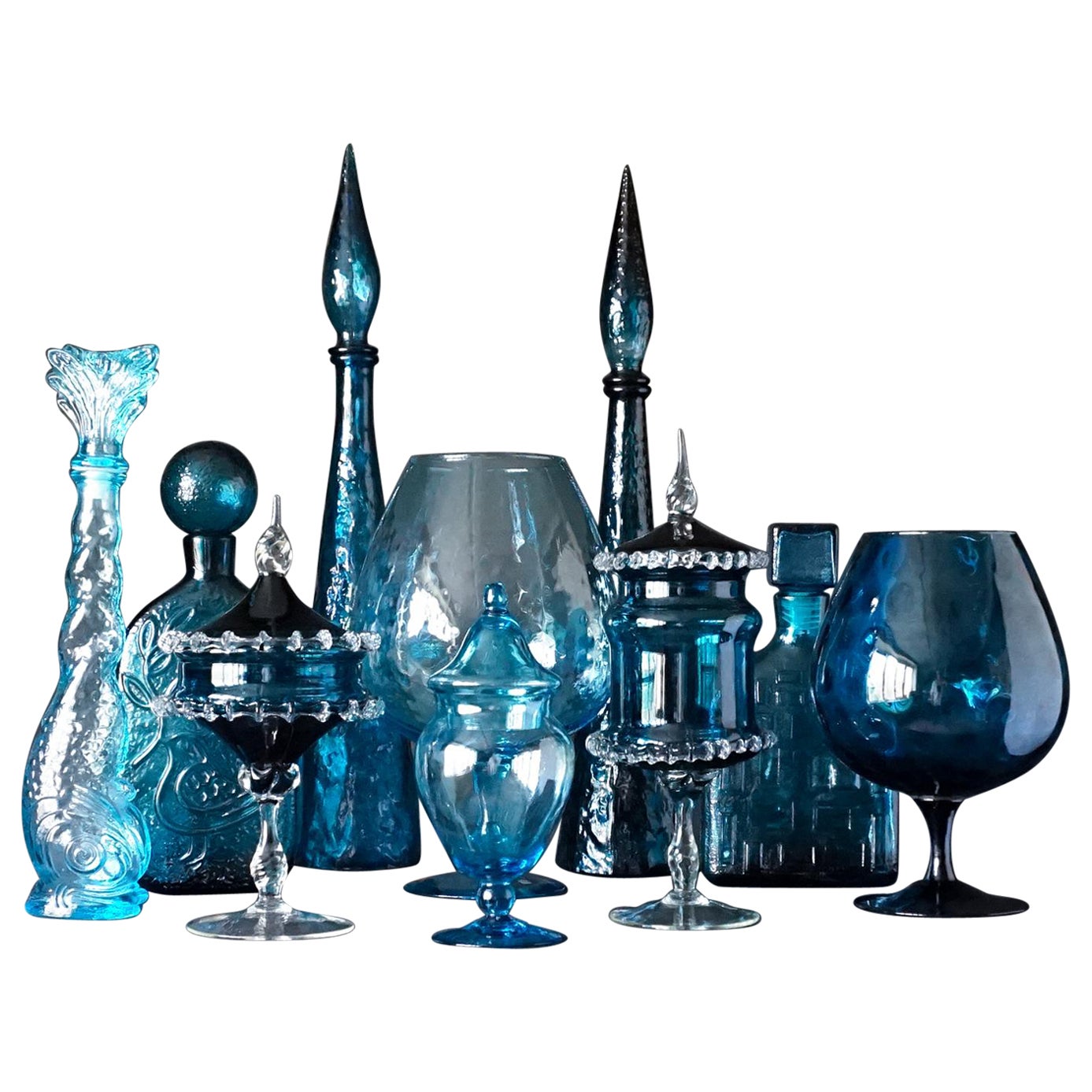 Dix bouteilles, vases et pots d'apothicaire italiens Empoli bleu sarcelle des années 1960