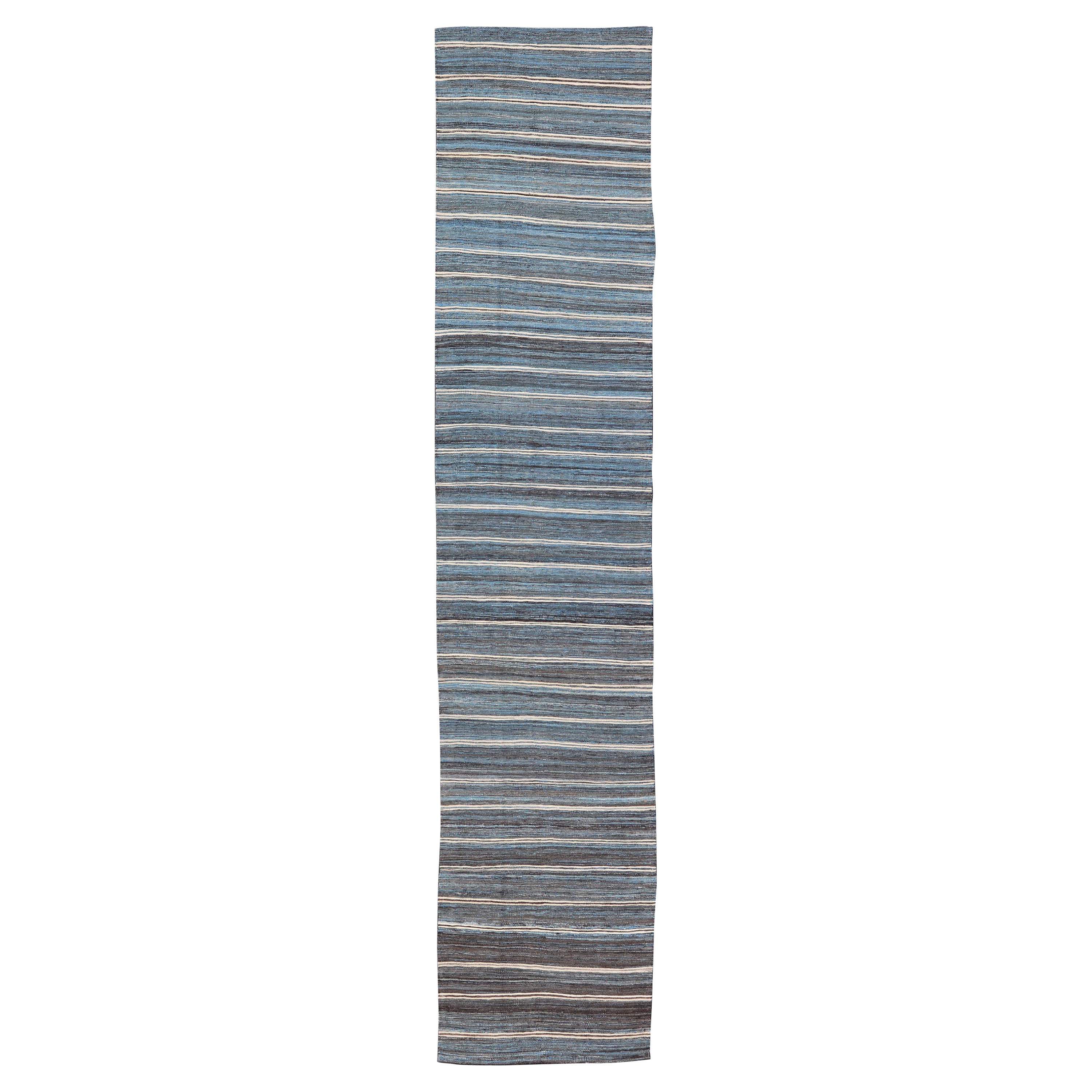 Modern Flatweave Kilim Runner in Wool with Sub-Geometric Stripe Design