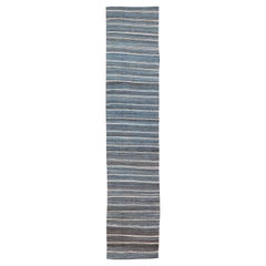 Modern Flatweave Kilim Runner in Wool with Sub-Geometric Stripe Design