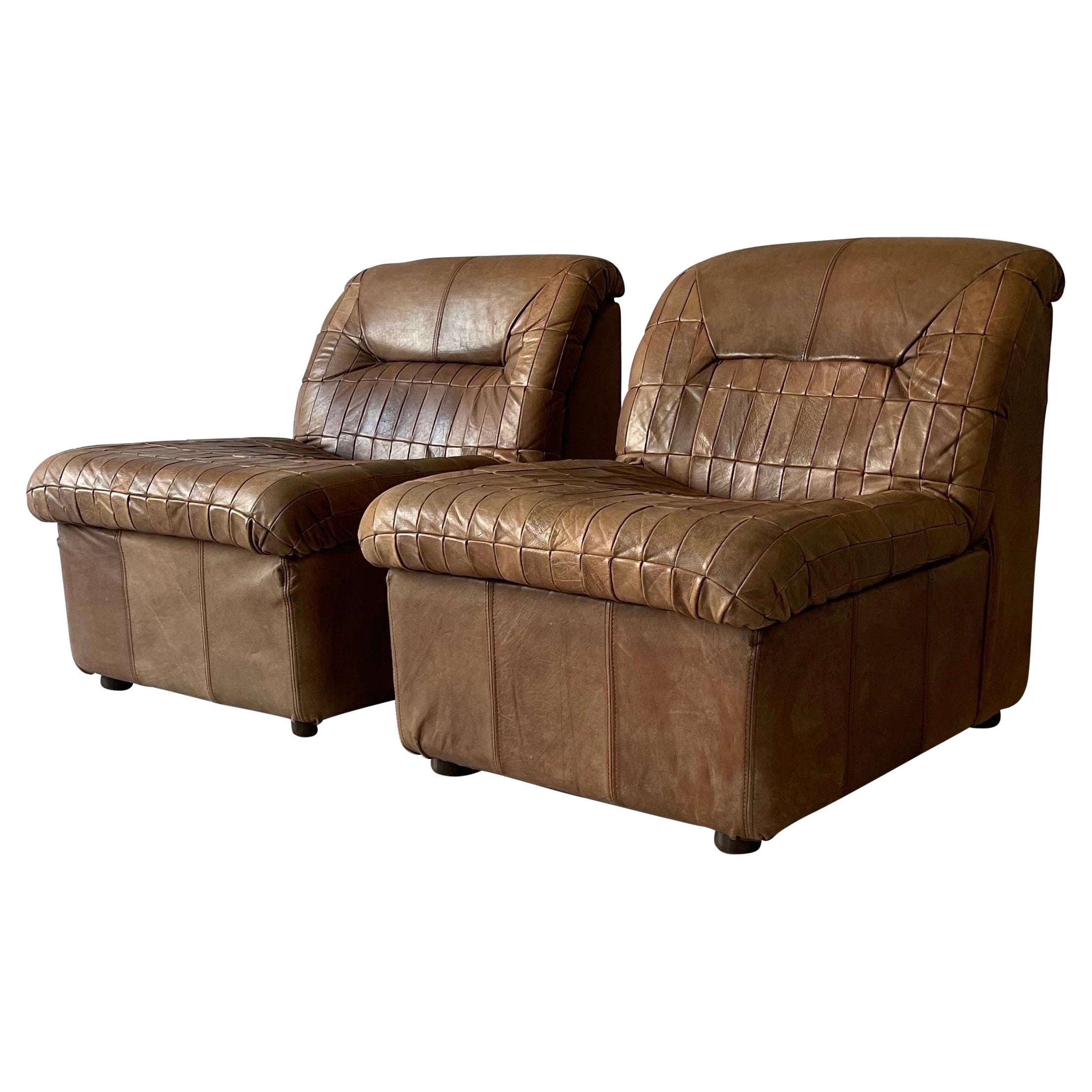 De Sede Style Patchwork Lounge Chairs Pair in Cognac Leather, 1970s